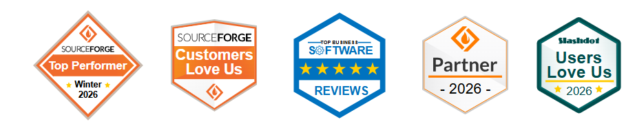 SourceForge Top Performer, Customers Love Us, Software Reviews, Partner, and Users Love Us award badges