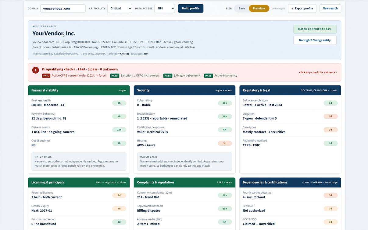 Third-Party Risk Intelligence Agent vendor profile with source dates and evidence supporting a recommendation