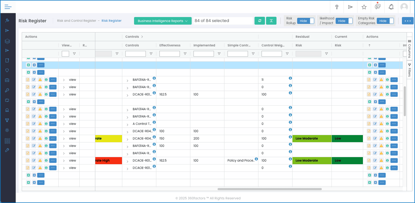 Predict360 bank risk register showing controls, effectiveness and residual risk ratings